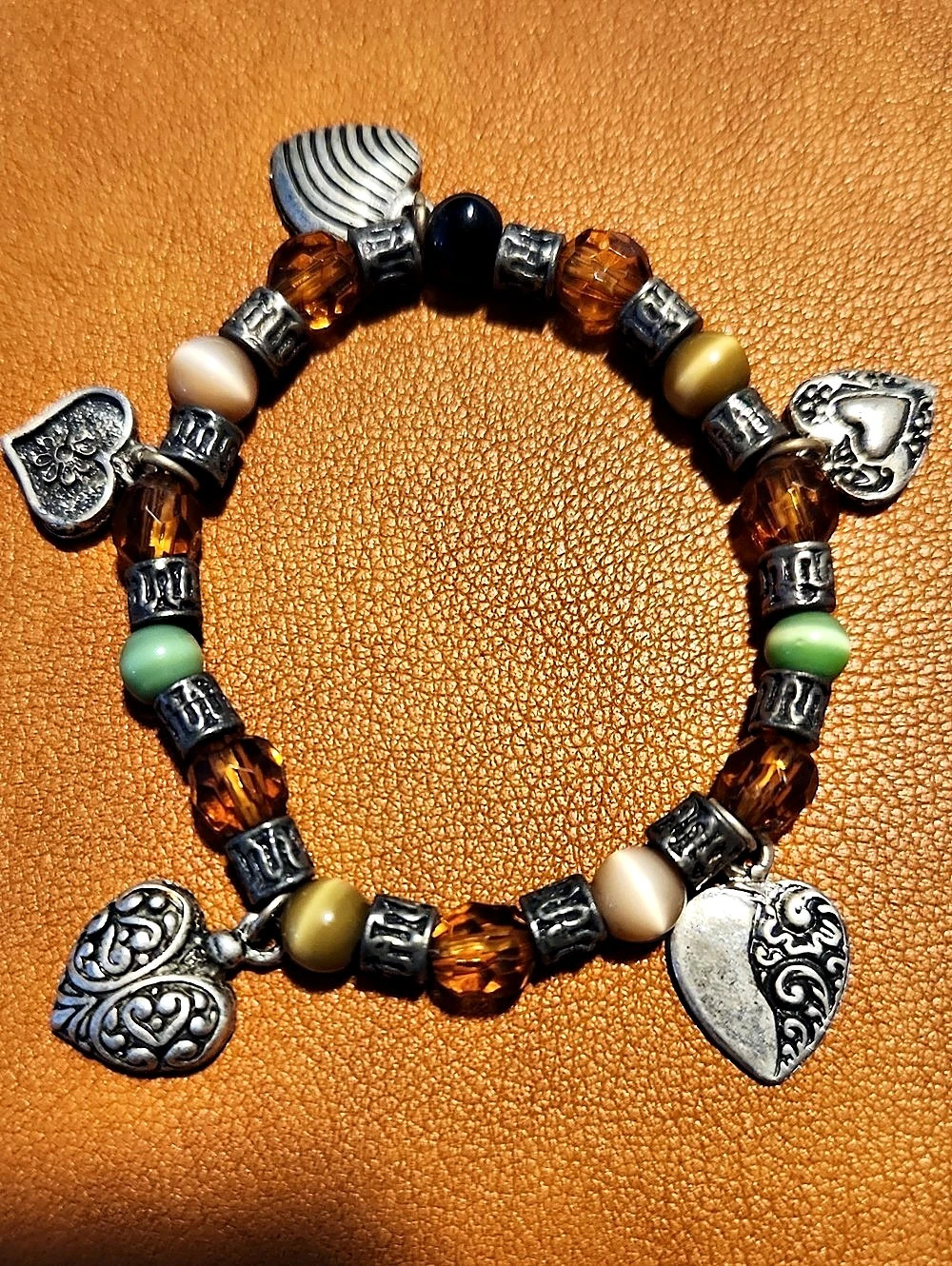 Beaded Heart Charm Bracelet in Brown & Silver